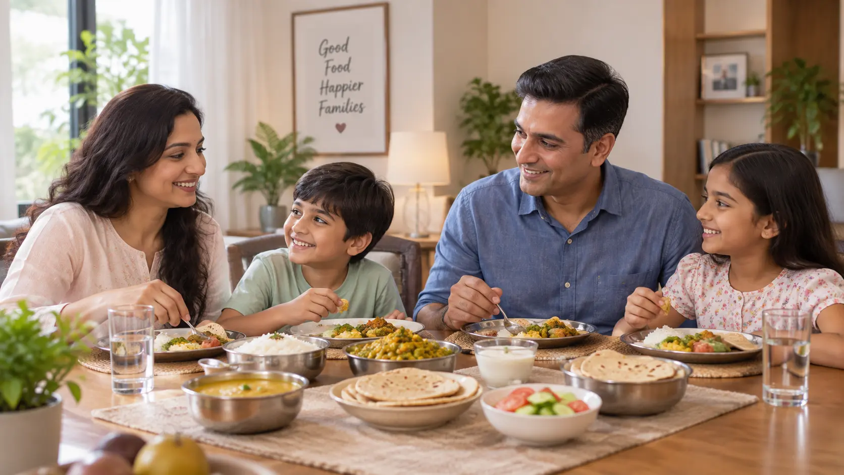 A home-cooked healthy meal shared by a family at the table